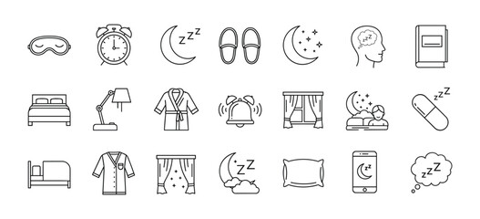 Fototapeta premium Sleep, Relaxation & Bedtime Line Icons Set