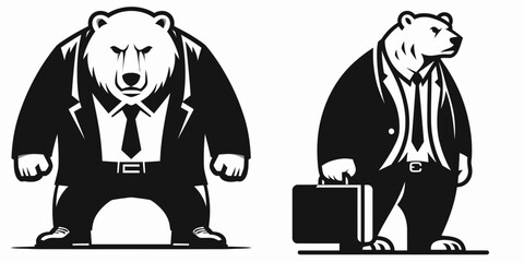 A Polar Bear full body wear business suit angry. Corporate Enterprise Entrepreneurship Management Finance Clipart Line Art Vector Illustration. White costume formal attire mad frustrated.