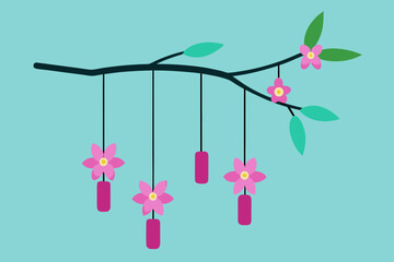 Fototapeta premium Pink floral vector illustration with cherry blossom and a bird for nature-inspired design