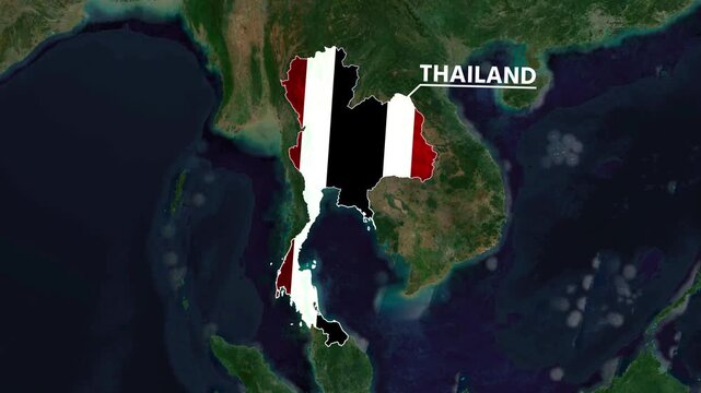 Zoom from Earth to Thailand. (Country Flag) World map animation with highlighted country borders. Satellite 3d world map animation highlights aerial views, tourism, and travel. 4k