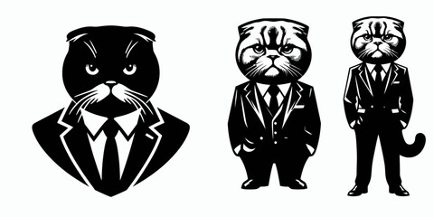 A Scottish Fold Cat full body wear business suit angry. Corporate Enterprise Entrepreneurship Management Finance Clipart Line Art Vector Illustration. feline in formal attire looking upset.