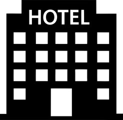 A black and white illustration of a hotel building with many windows and the word hotel