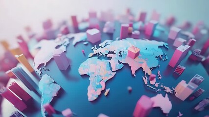 Colorful 3D representation of a world map with vibrant city blocks, showcasing global connectivity - Powered by Adobe