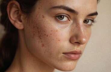 Close-up of young woman face with acne scars, blemishes. Focus on skin texture, imperfections, common skin problems like pimples, pores. Represents dermatology care, health, hygiene for troubled skin.