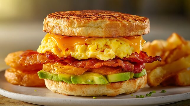 Hearty Breakfast Sandwich with Egg, Bacon, Cheese, and Avocado Served with Hash Browns