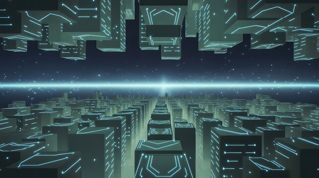 A futuristic cityscape glows with neon lights in the digital age