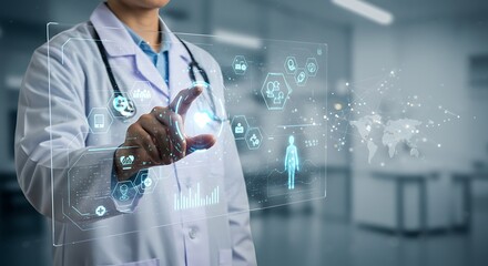 Medical professional interacting with a futuristic holographic interface showing patient data and analytics for advanced diagnosis