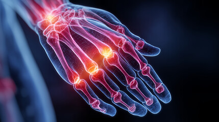 Human hand bones with inflamed joints in red and blue