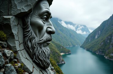 Woman's face sculpture carved into a rocky cliff overlooking a scenic river valley with mountains in the background