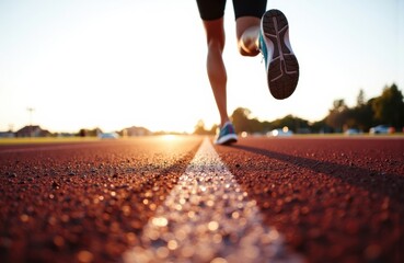 Woman running on track at sunset with focus on feet and athletic shoes