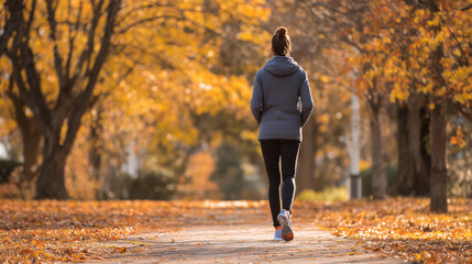 Woman walking on path with autumn trees and fallen leaves