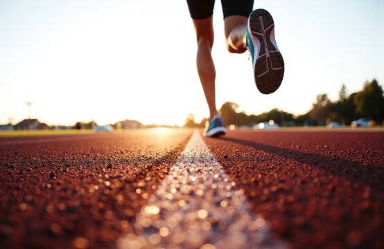 Woman running on track at sunset with focus on feet and athletic shoes