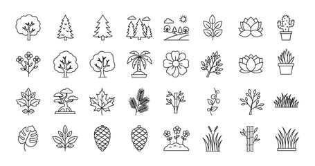 Nature and Plants Line Art Icons Set - Trees, Flowers & Leaves