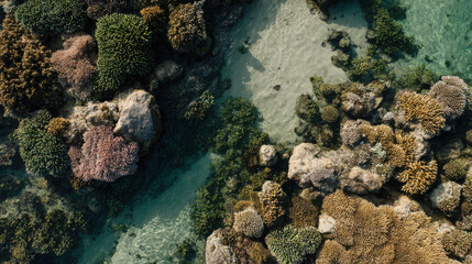 Obraz premium aerial view of vibrant coral reef in laos under overcast sky showcasing diverse marine life
