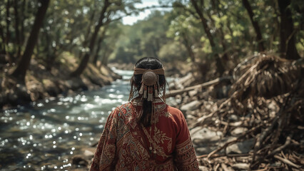 Obraz premium Woman in Traditional Attire by the Forest River