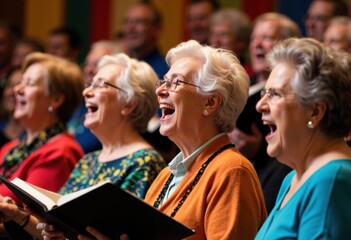 Elderly women enjoying a choir performance with joyful expressions and singing