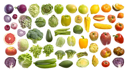 Wide collage of fresh fruits and vegetables for layout isolated on a white background