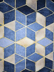 Blue and Beige Geometric Tile Pattern with Cube and Hexagon Designs