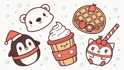 Cute Kawaii Winter Holiday Collection. Adorable Polar Bear, Penguin, Fox, Hot Drink, Waffle. Festive Vector Set.