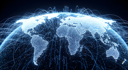Global network interconnectedness, digital world map, glowing lines.