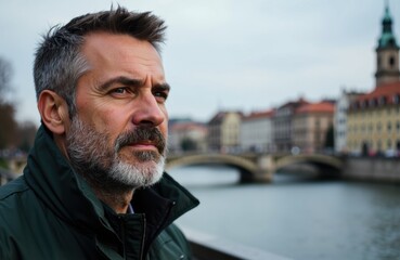 A man with gray hair and beard looking thoughtfully into the distance outdoors