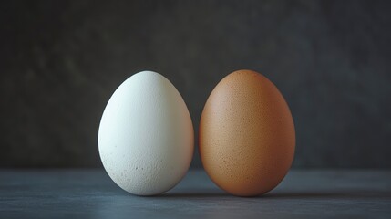 Two eggs, one white, one brown, side by side on a dark gray surface.