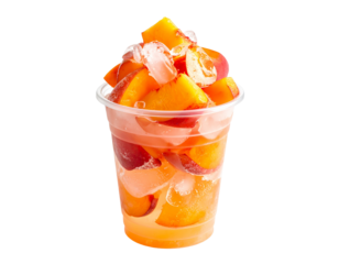 Peach fruit salad with ice cubes in cup on transparent background