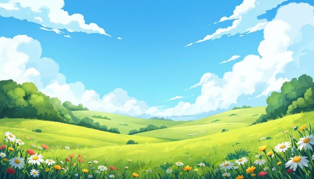 Cartoon grassland scene featuring rolling green hills under bright blue sky with fluffy white clouds. Close-up view of colorful wildflowers like daisies, poppies in foreground. Rich trees border