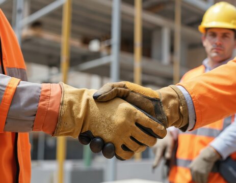 Construction workers wearing safety helmets, orange vests shake hands on building site. Signifies partnership, agreement in industrial sector, teamwork, successful project completion.