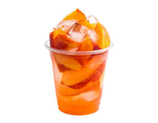 Peach fruit salad with ice in plastic cup on transparent background