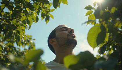 Man breathes fresh air outdoors under dappled sunlight filtering through green leaves. Blue sky backdrop. Serene young adult finds peace and vitality in nature, embodying mindfulness and well-being.