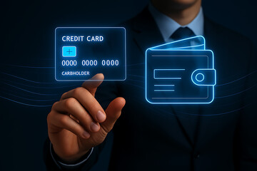 Businessman presenting a digital credit card and wallet interface for online transactions and financial management.