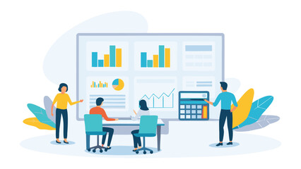 Fototapeta premium People analyzing data charts and graphs displayed on a large screen with a calculator nearby