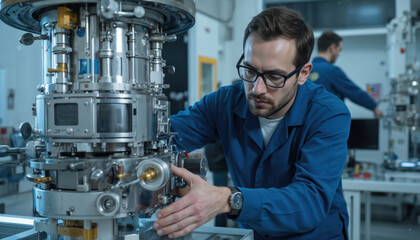 Engineer works on satellite propulsion system in high-tech lab. Technician adjusts complex equipment for space technology development. Focus on precision engineering, advanced manufacturing,