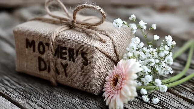 Burlap Wrapped Mothers Day Gift with Twine and White and Pink Flowers on Aged Wood Table A Rustic and Textured Still Life Celebration