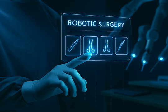 Robotic surgery is illustrated with a surgeon interacting with a holographic interface, performing a futuristic operation.