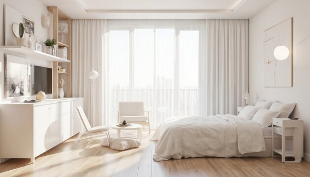 Minimalist bedroom interior with modern design. White bed with plush pillows, wooden floor, large window with sheer curtains. Minimalist decor includes armchair, side table, wall art. Natural light