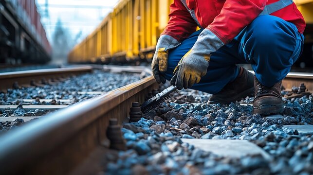 Railway worker repairing train track on railroad with tools