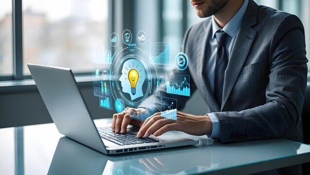 Knowledge and information management. AI-driven automated knowledge discovery systems. Businessman using laptop computer to manage document and knowledge.