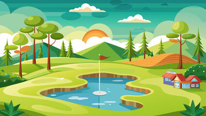 Vibrant golf course scene with water hazard and houses