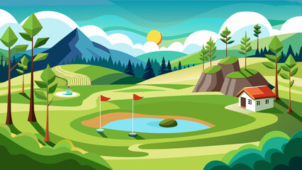 Vibrant golf course landscape with mountains and a small house