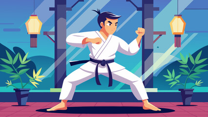 Karate practitioner in a white gi with a black belt demonstrating a stance