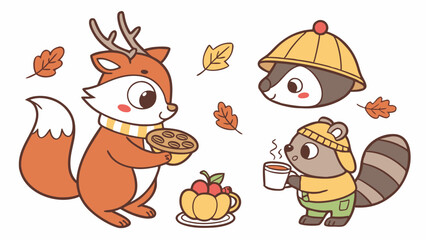 Fototapeta premium Adorable autumn woodland animals illustration. Cute fox, raccoon, and badger with fall leaves, pie, and hot drink. Cozy vector.