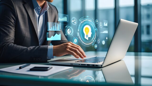 Knowledge and information management. AI-driven automated knowledge discovery systems. Businessman using laptop computer to manage document and knowledge.