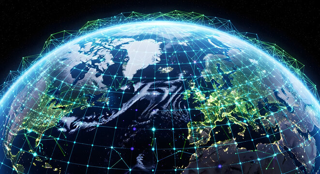 Global network connections visualized on a detailed Earth model, showcasing interconnectedness across continents. - Powered by Adobe