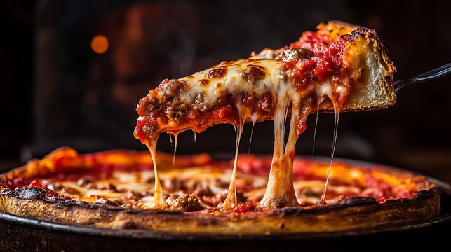 A slice of cheesy pizza being lifted, showcasing melted cheese and rich tomato sauce