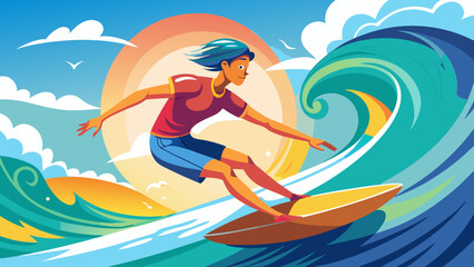 Surfer riding a big wave under a sunny sky