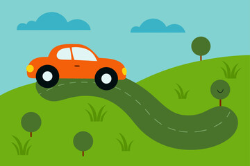 Green cartoon car travels a winding road through a summer landscape under a clear sky, an eco-friendly vector illustration of nature and transport