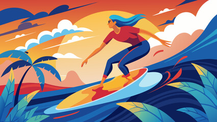 Surfer riding a wave at sunset with palm trees