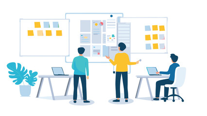 Team collaboration with sticky notes on whiteboards and laptops in a modern office setting for planning